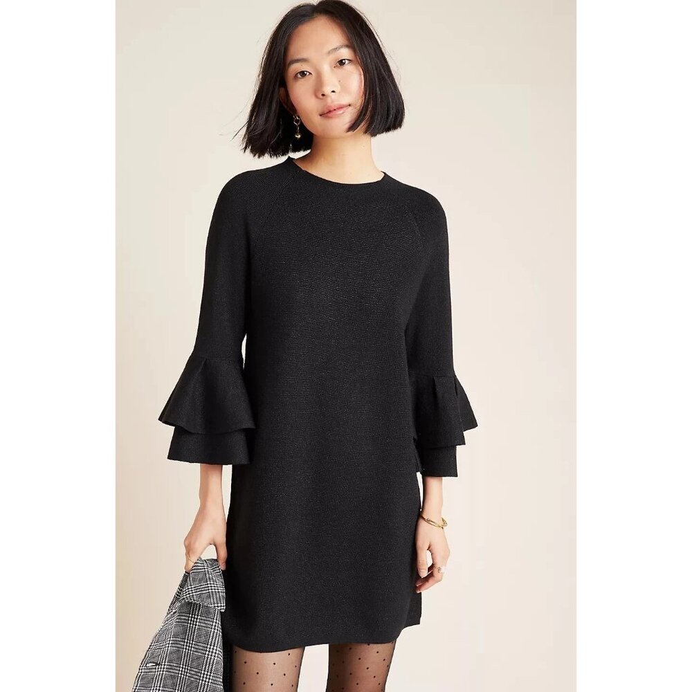 Anthropologie Claudette Ruffled Sweater Dress size medium black sparkle womens